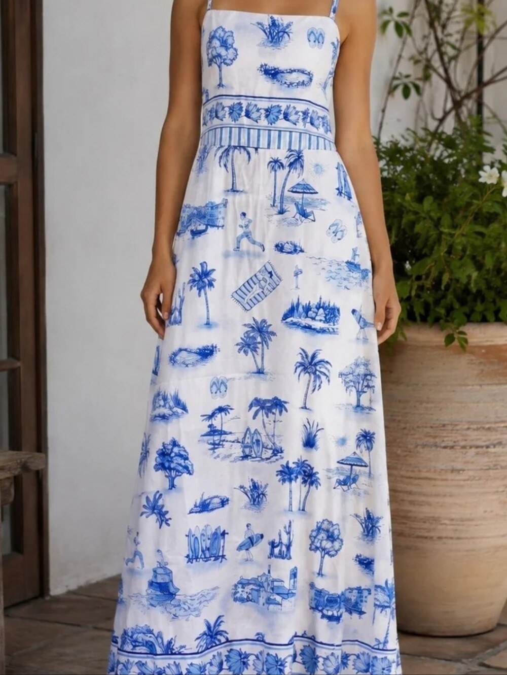Endless MOON NWT L White and Blue Toile Print One-Piece Sundress Fitted Flare